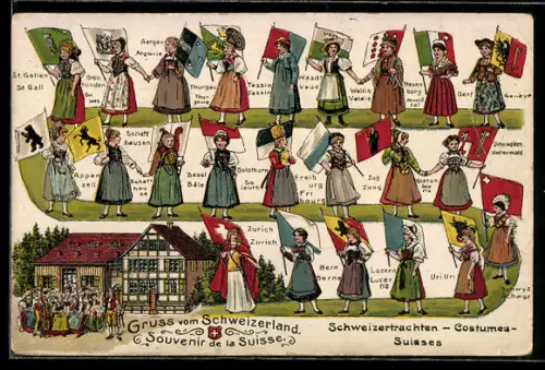 Künstler-AK Basel, Schweizertrachten, Tracht von St. Gallen, Aargau und Tessin