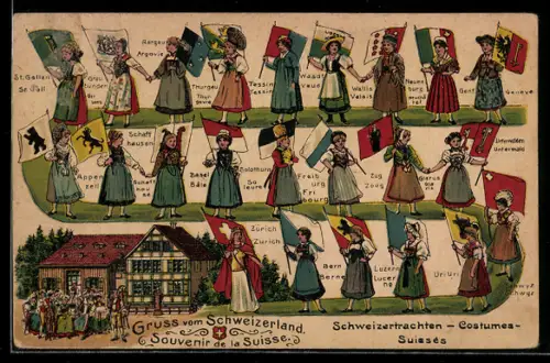 AK Schweizer Mädchen in Trachten mit Kantonsfahnen