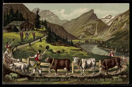 Lithographie Alpfahrt, Almauftrieb, Rinder