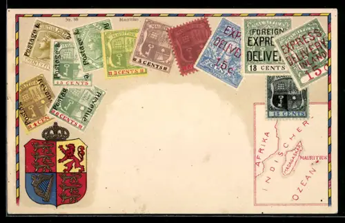Lithographie Briefmarken von Mauritius, Landkarte der Insel, Wappen mit Löwen und Harfe