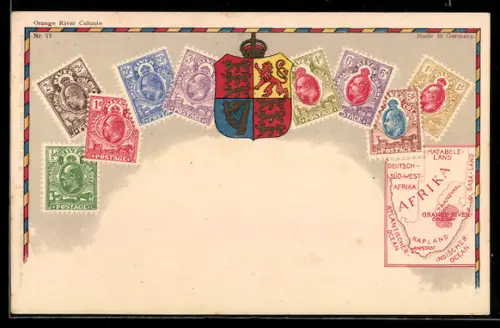 Lithographie Briefmarken und Wappen der Orange River Kolonie