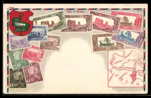 AK Briefmarken und Wappen aus Tunesien