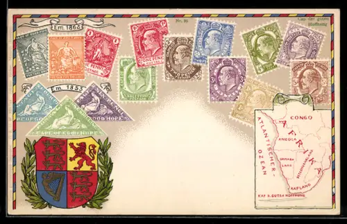 AK Congo, Landkarte d. Orstschaft m. Umgebung, Briefmarken u. Wappen