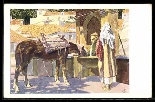 Künstler-AK Frau mit Pferd aus der Gegend von Ragusa