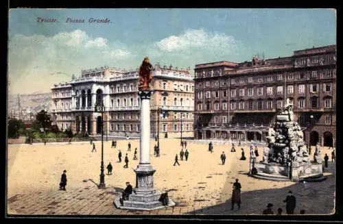 AK Trieste, Piazza Grande, der Brunnen und die Säule