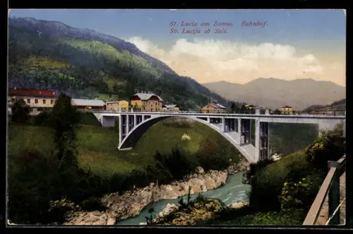 AK St. Lucia am Isonzo, Teilansicht mit Brücke und Bahnhof