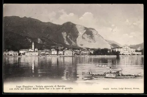 AK Baveno /Lago Maggiore, Veduta generale con vista del Grand Hotel Belle Vue e le cave du granito