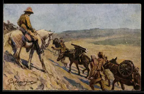 Künstler-AK Deutsch-Ostafrika, Kolonialsoldaten der Infanterie beim Maschinengewehrtransport im Gebirge