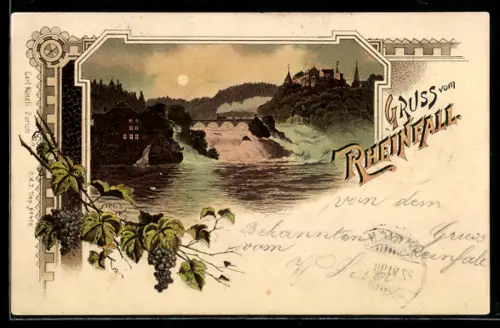 Lithographie Rheinfall und Schloss Laufen, Schlösschen Wörth