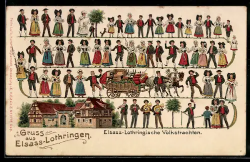 AK Gruss aus Elsass-Lothringen, Elsass-Lothringische Volkstrachten