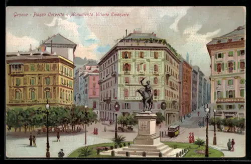 Künstler-AK Genova, Piazza Corvetto e Monumento Vittorio Emanuele