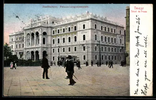 AK Triest, Stadthalterei, Strassenbahn