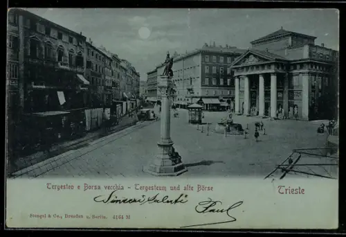 Mondschein-AK Triest, Tergesteum und alte Börse
