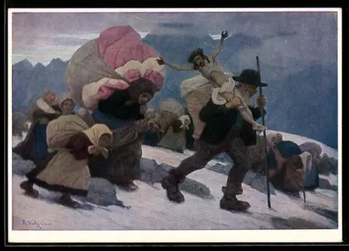 Künstler-AK Th. Walch: Menschen ziehen mit ihrem Hab und Gut über einen Bergpass