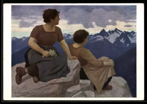 Künstler-AK Thomas Walch: Föhn, Maiden in den Alpen