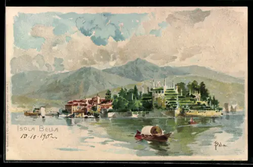 Künstler-AK Isola Bella, Ortsansicht mit Kirche und Bergpanorama, Lago Maggiore