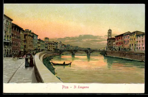 Lithographie Pisa, Il Lungarno mit Kutsche