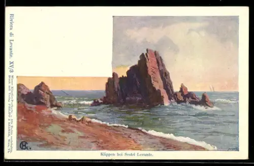 Künstler-Lithographie Philipp + Kramer Nr. XV /3: Riviera di Levante, Klippen bei Sestri Levante
