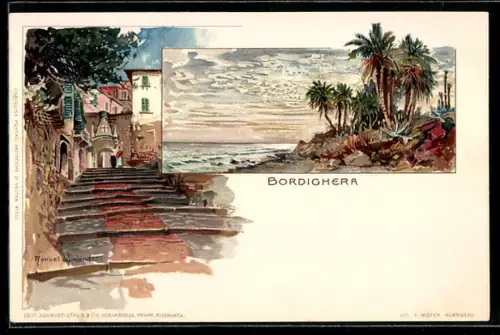 Lithographie Bordighera, Vista di una scalinata e palme sul mare al tramonto