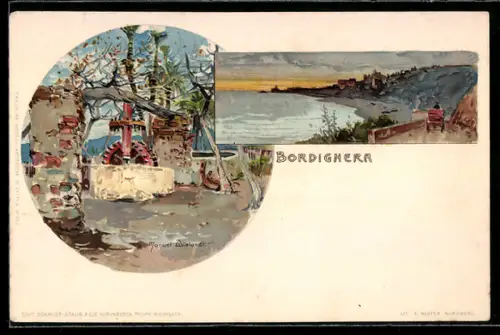 Künstler-AK Manuel Wielandt: Bordighera, Teilansicht, Ortspartie mit Brunnen