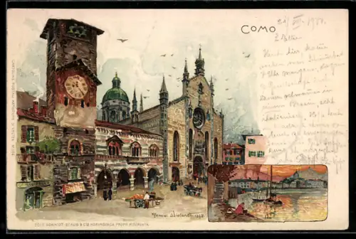 Künstler-AK Manuel Wielandt: Como, Marktplatz mit grosser Uhr