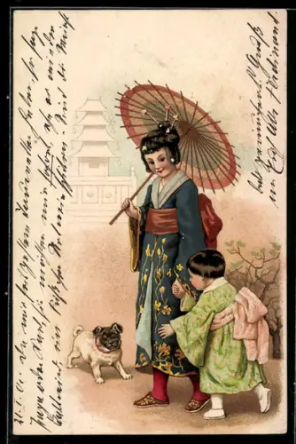 Lithographie Geisha mit Sonnenschirm, Kind und Hund