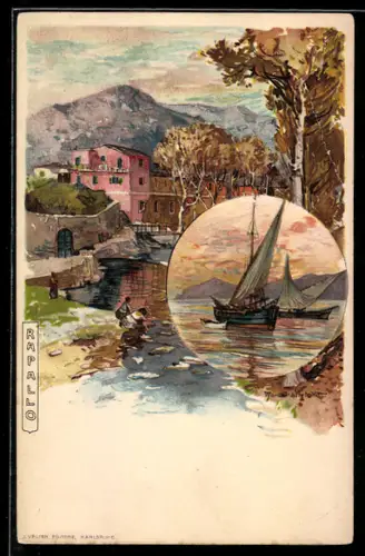 Künstler-AK Manuel Wielandt: Rapallo, Häuser im Ort & Segelschiffe