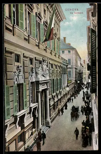 AK Genova, Via Garibaldi, Strassenleben