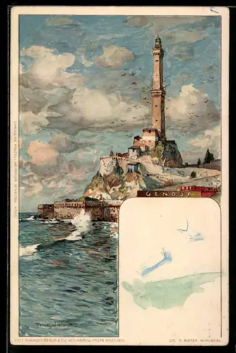 Künstler-AK Manuel Wielandt: Genova, stürmische Uferpartie am Leuchtturm