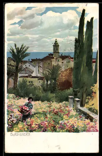 Künstler-AK Bordighera, Blick von einem Blumengarten zum Meer