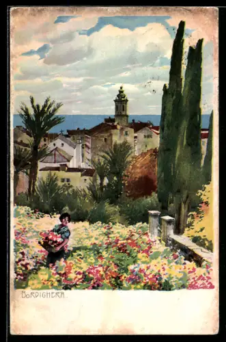 Künstler-AK Bordighera, Blick von einem Blumengarten zum Meer
