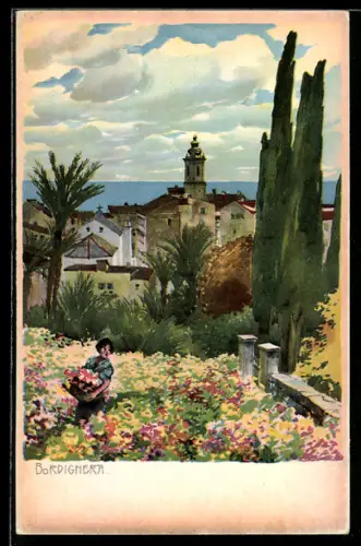 Künstler-AK Bordighera, Blick von einem Blumengarten zum Meer