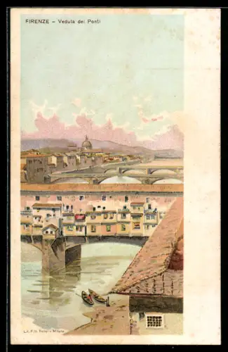Lithographie Firenze, Veduta del Ponti, Flusspartie mit vielen Brücken