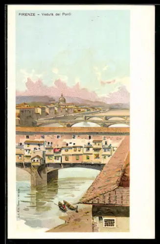 Lithographie Firenze, Veduta del Ponti, Flusspartie mit vielen Brücken