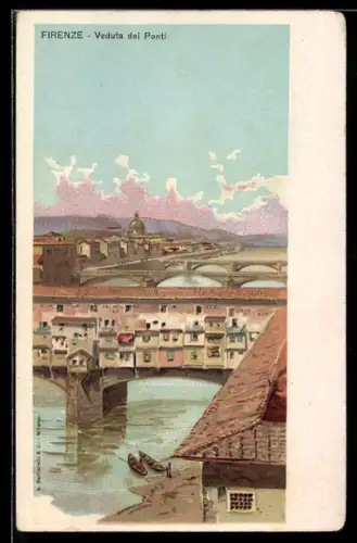 Lithographie Firenze, Veduta del Ponti, Flusspartie mit vielen Brücken