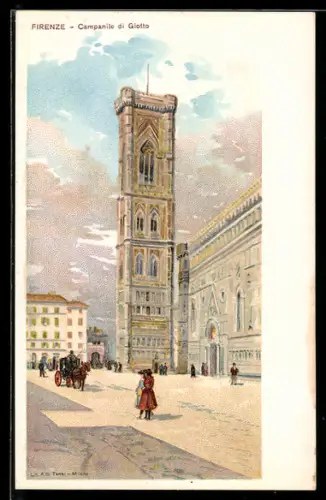 Künstler-Lithographie Firenze, Partie am Kirchturm di Giotto