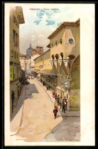 Künstler-Lithographie Firenze, Strassenpartie Ponte Vecchio