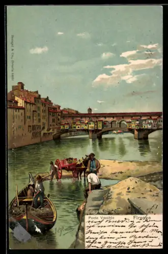 Künstler-Lithographie Firenze, Ponte Vecchio, Boot, Pferdegespann