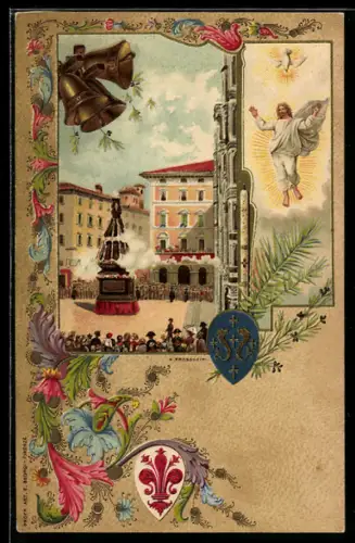 Lithographie Firenze, Marktplatz mit historischen Gebäuden, Christus und Heiliger Geist