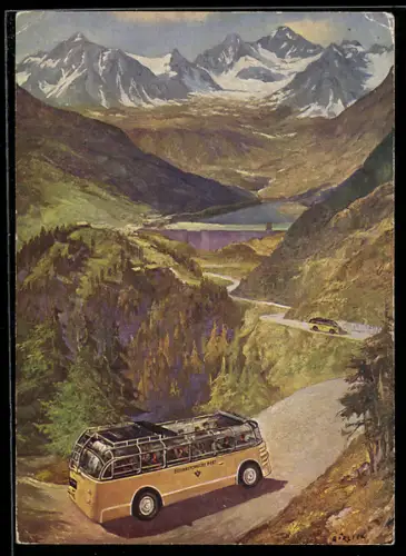 Künstler-AK Silvretta-Hochalpenstrasse, Fahrt mit dem Postbus
