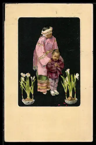 Künstler-Lithographie Stuart: Chinesisches Mädchen und Kleinkind