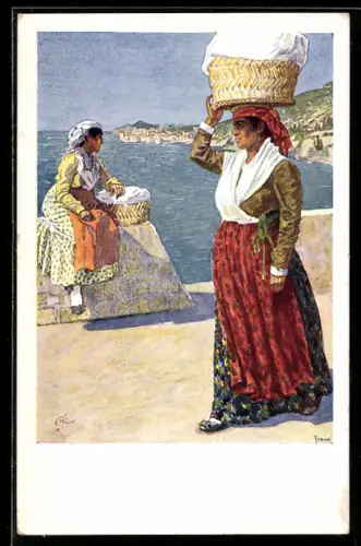AK Dubrovnik, Frauen in Trachten mit Last auf dem Kopf
