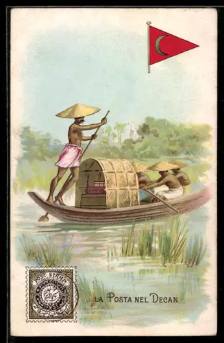 Lithographie Decan, Posttransport per Boot, Fahne