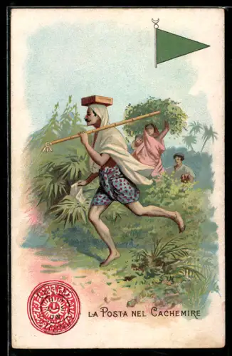 AK La Posta nel Cachemire, Postbote läuft an einem Feld vorbei