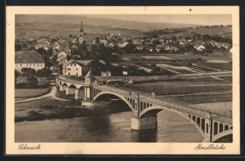AK Schweich, Moselbrücke, Im Hintergrund Kirche