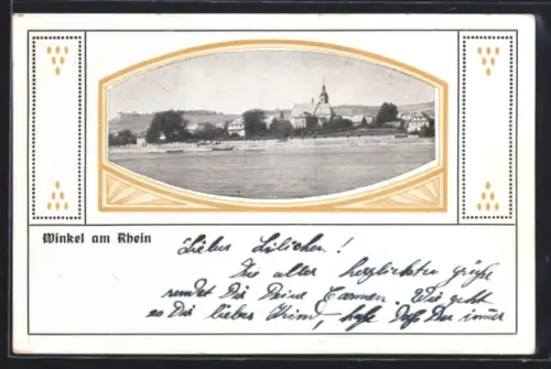 AK Winkel am Rhein, Uferpartie mit Kirche, Passepartout