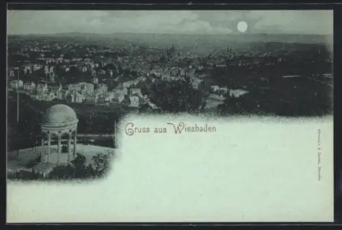 Mondschein-AK Wiesbaden, Teilansicht mit Pavillon
