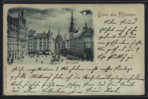 Mondschein-AK München, Marienplatz