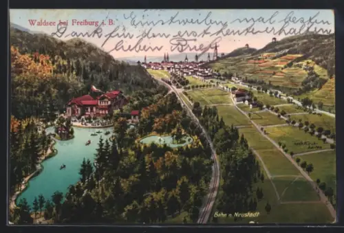 Künstler-AK Freiburg i. B., Restaurant Waldsee und Bahn nach Neustadt