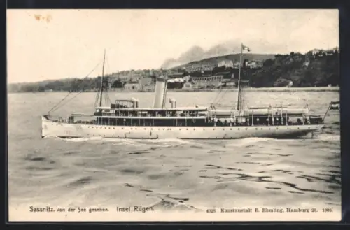 AK Sassnitz, Ortsansicht von der See gesehen mit Dampfer